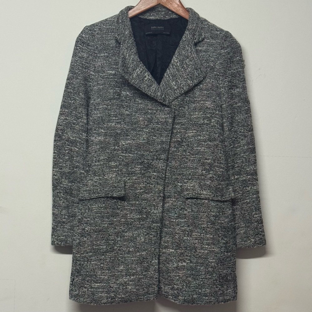 Zara Basic Women’s Tweed Blazer Heather Gray Snap Long Length Medium